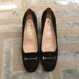 Dark Green Suede Tod’s Block Heel Loafer Pumps